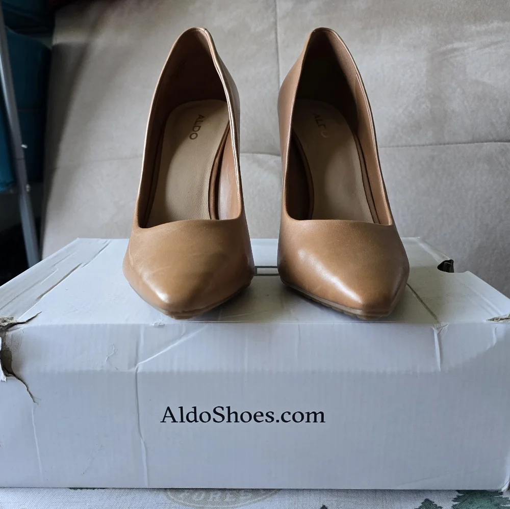 Aldo Durbell Tan Leather Heels Sleek Pointed-Toe Pumps - Picture 8 of 13